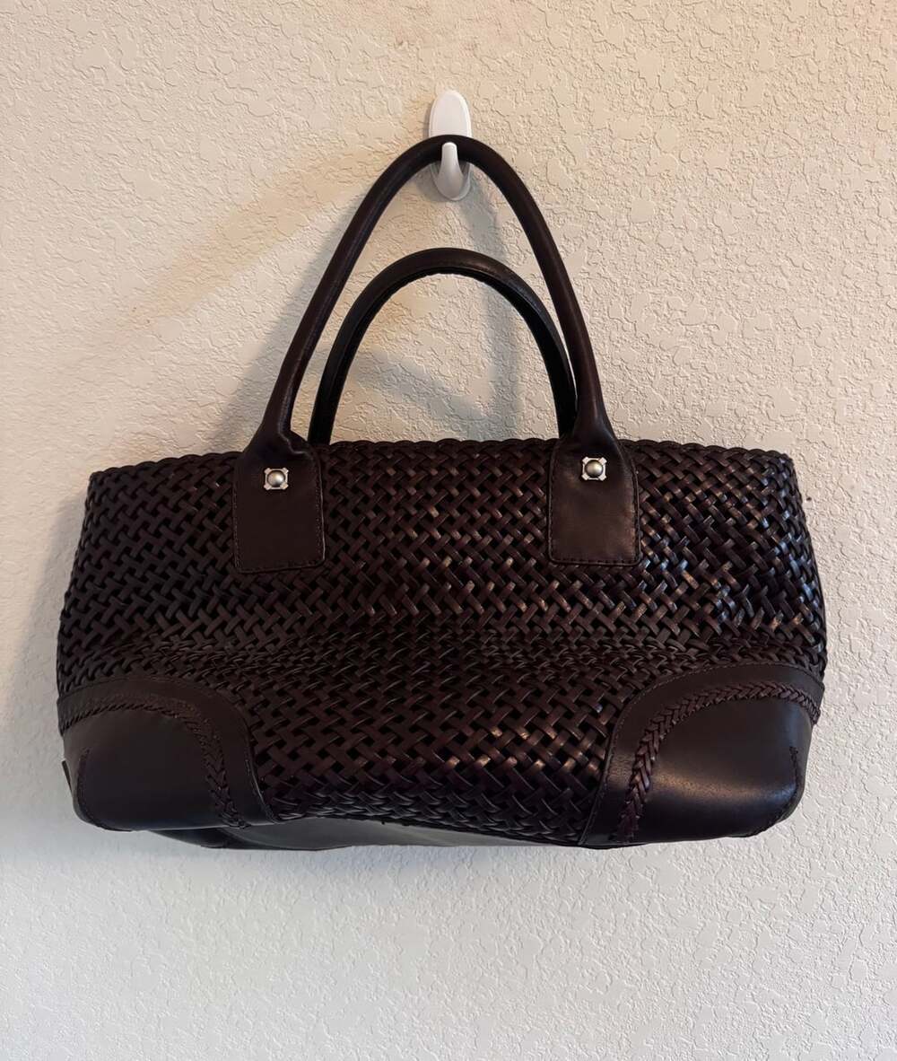 Chocolate Brown Woven Leather Tote Bag | Maxx New York